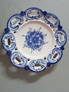 Portugal Blue White Floral Reticulated Plate #1047 Pierced Scalloped Decor